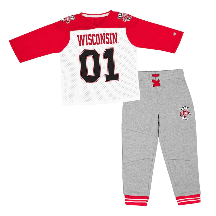 Wisconsin Badgers Colosseum Toddler Jingtinglers Football V-Neck Jersey T-Shirt & Pants Set - Red/Heather Gray 1 Wisconsin Badgers Colosseum Toddler Jingtinglers Football V-Neck Jersey T-Shirt & Pants Set - Red/Heather Gray