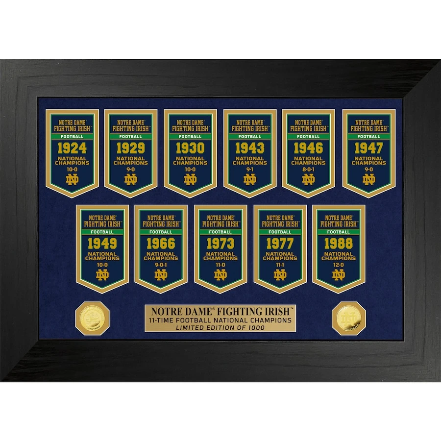 Notre Dame Fighting Irish Highland Mint 11-Time Football National Champions 18'' X 22'' Gold Deluxe Banner Frame 1 Notre Dame Fighting Irish Highland Mint 11-Time Football National Champions 18'' X 22'' Gold Deluxe Banner Frame