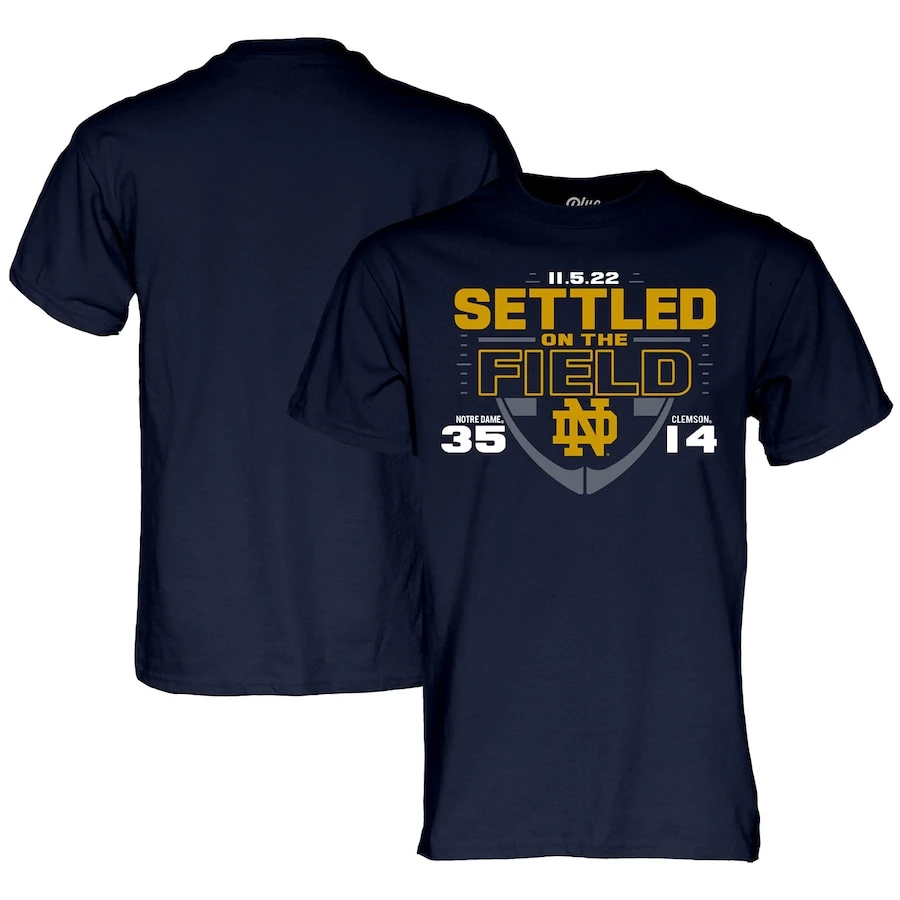 Notre Dame Fighting Irish Vs. Clemson Tigers Blue 84 2022 Football Score T-Shirt - Navy 1 Notre Dame Fighting Irish Vs. Clemson Tigers Blue 84 2022 Football Score T-Shirt - Navy