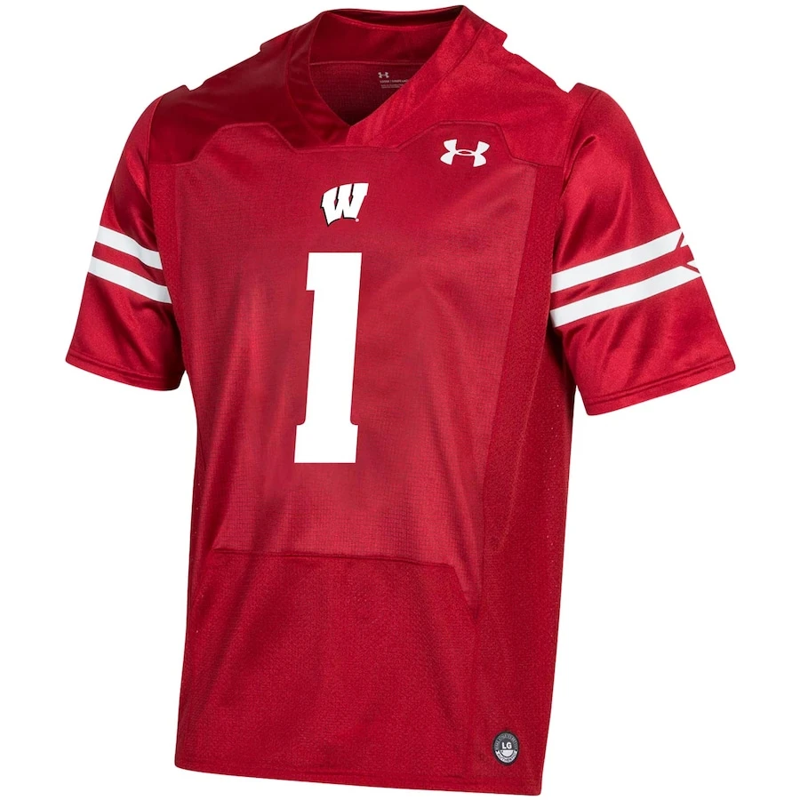 #1 Wisconsin Badgers Under Armour Replica Football Jersey - Red 2 #1 Wisconsin Badgers Under Armour Replica Football Jersey - Red - Image 2