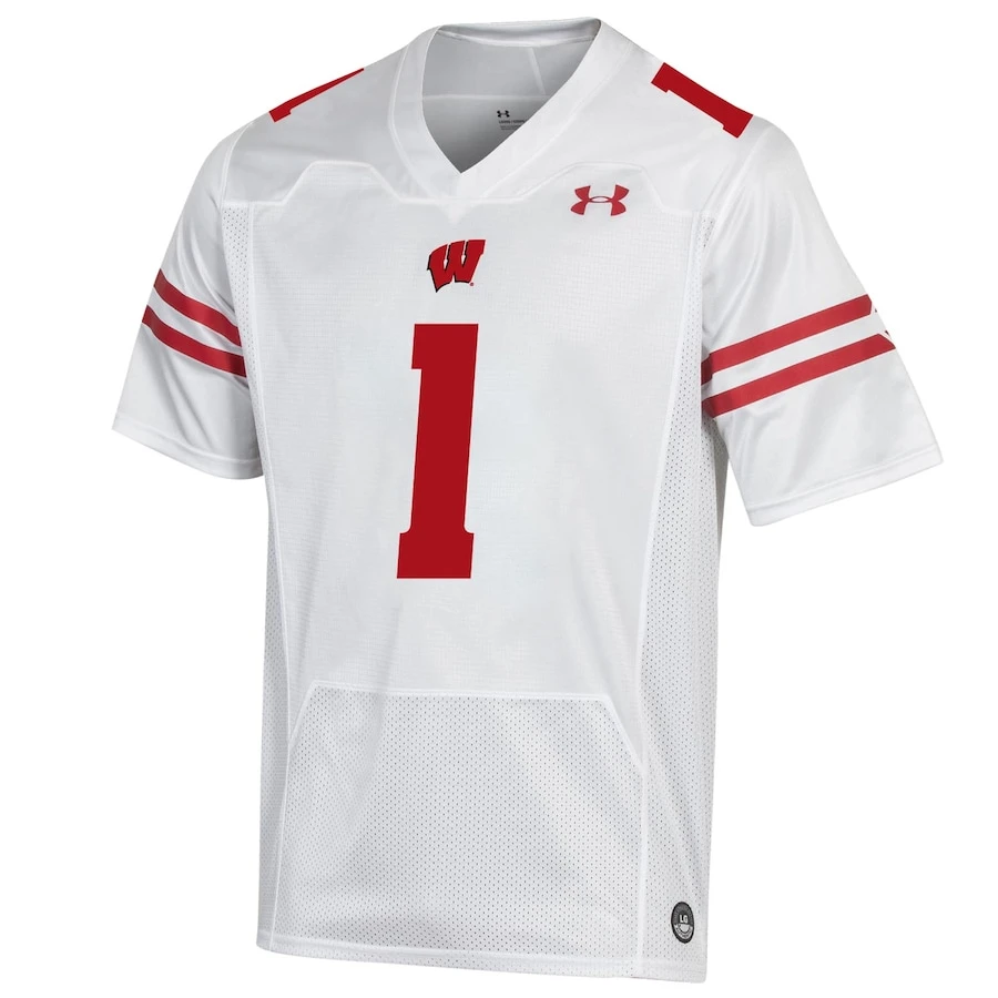#1 Wisconsin Badgers Under Armour Premier Football Jersey - White 2 #1 Wisconsin Badgers Under Armour Premier Football Jersey - White - Image 2