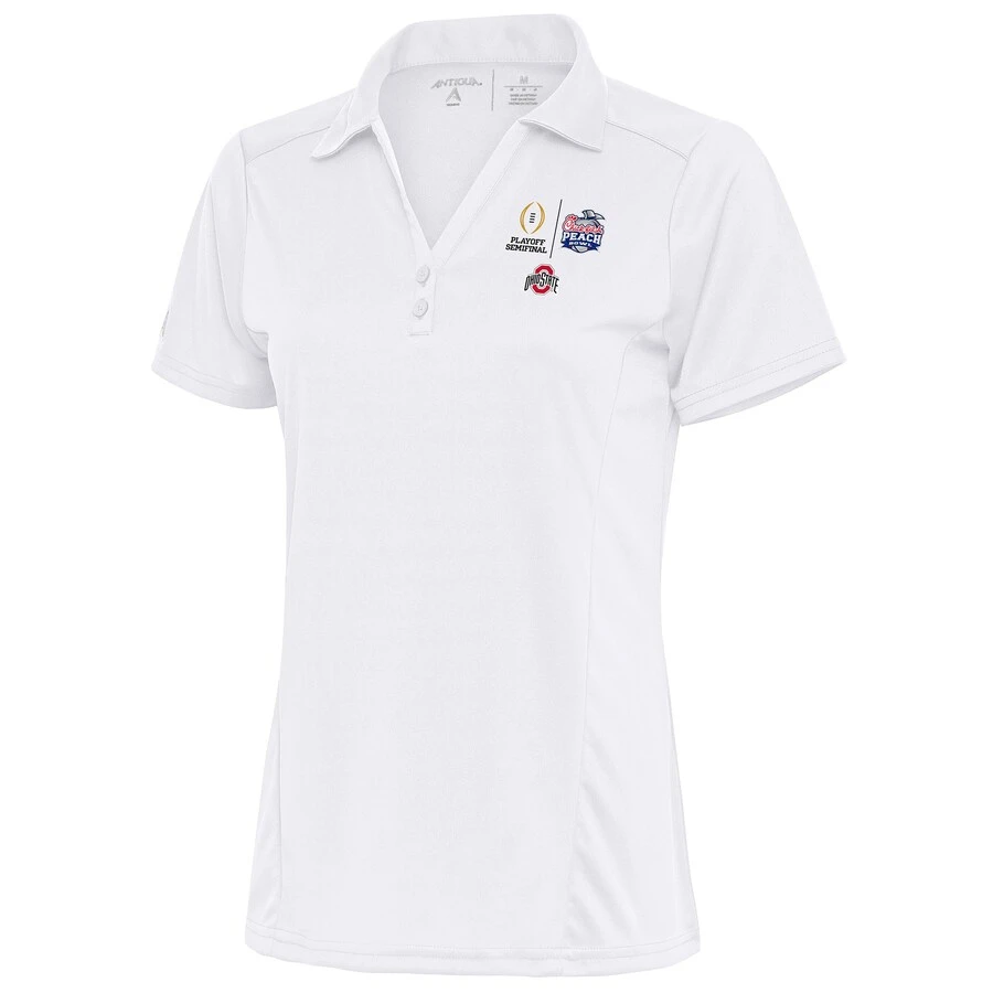 Ohio State Buckeyes Antigua Women's College Football Playoff 2022 Peach Bowl Tribute Polo - White 1 Ohio State Buckeyes Antigua Women's College Football Playoff 2022 Peach Bowl Tribute Polo - White