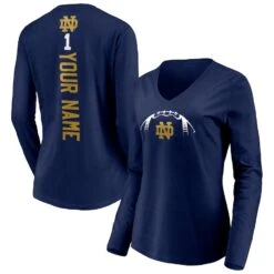 Notre Dame Fighting Irish Fanatics Branded Women's Playmaker Football Personalized Name Long Sleeve V-Neck T-Shirt - Navy