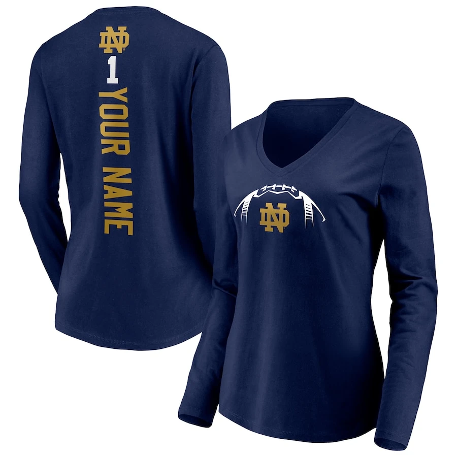 Notre Dame Fighting Irish Fanatics Branded Women's Playmaker Football Personalized Name Long Sleeve V-Neck T-Shirt - Navy 1 Notre Dame Fighting Irish Fanatics Branded Women's Playmaker Football Personalized Name Long Sleeve V-Neck T-Shirt - Navy
