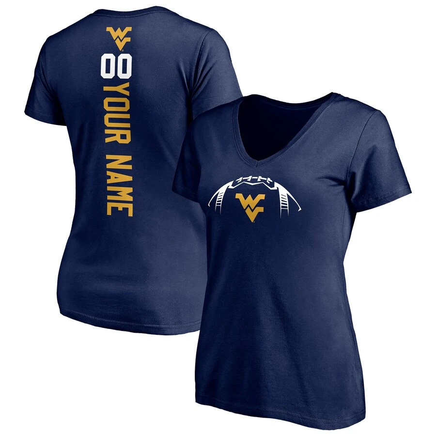 West Virginia Mountaineers Fanatics Branded Women's Playmaker Football Personalized Name & Number V-Neck T-Shirt - Navy 1 West Virginia Mountaineers Fanatics Branded Women's Playmaker Football Personalized Name & Number V-Neck T-Shirt - Navy