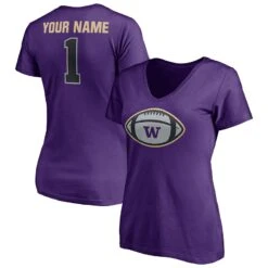 Washington Huskies Fanatics Branded Women's Game Ball Football Personalized Name V-Neck T-Shirt - Purple